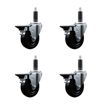 Service Caster 4'' Soft Rubber Swivel 1'' Expanding Stem Caster Set with Brake, 4PK SCC-EX20S414-SRS-PLB-1-4